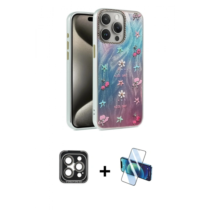 MARSİLYAN™- iPhone 15 Pro Max Kılıf Zirve Modern Prime - Siyah 3D Antistatik Seramik Nano Ekran Koruyucu + PVD Metal Kamera Lens - GI