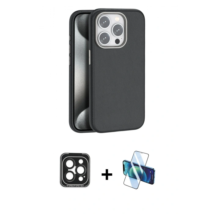 MARSİLYAN™- iPhone 15 Pro Max Kılıf Zirve Modern Prime - Siyah 3D Antistatik Seramik Nano Ekran Koruyucu + PVD Metal Kamera Lens - SH
