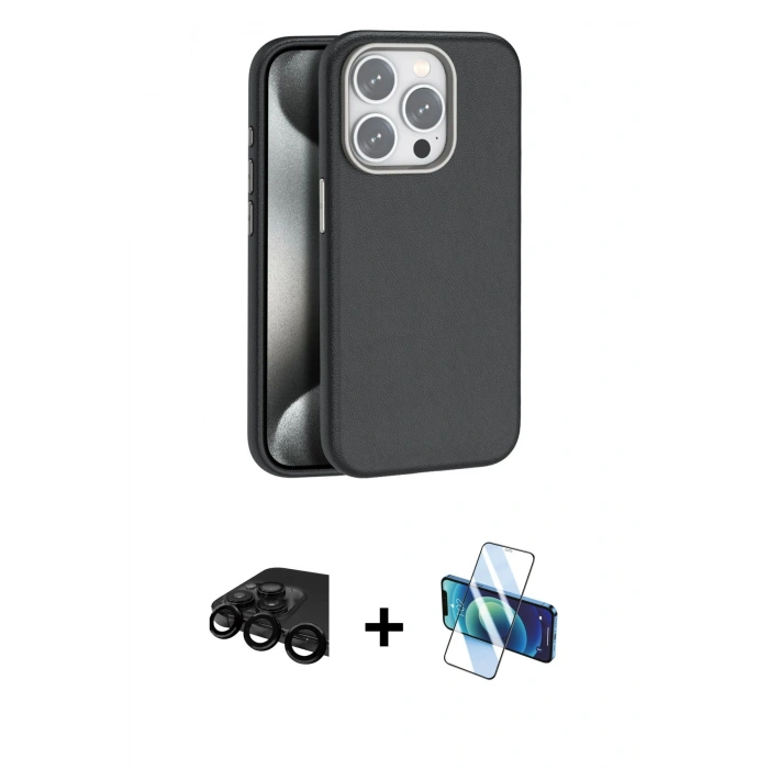 MARSİLYAN™- iPhone 15 Pro Max Kılıf Zirve Modern Prime - Siyah 3D Antistatik Seramik Nano Ekran Koruyucu + Raze Metal Kamera Lens - SH