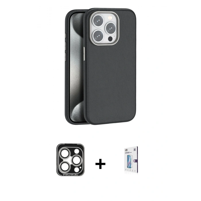 MARSİLYAN™- iPhone 15 Pro Max Kılıf Zirve Modern Prime - Siyah Bilvis 0.18mm Plus Cam Ekran Koruyucu + Gümüş PVD Metal Kamera Lens