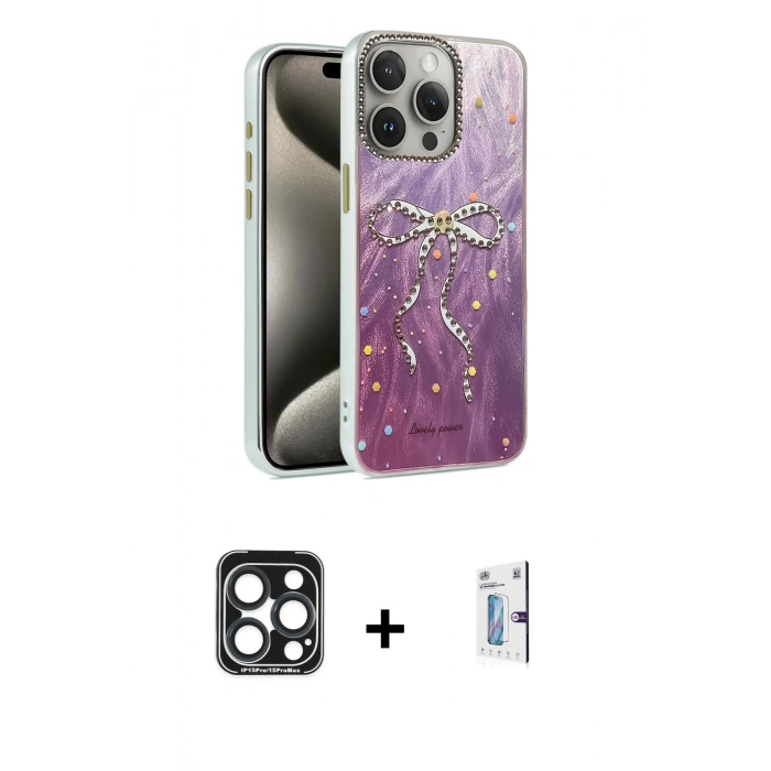 MARSİLYAN™- iPhone 15 Pro Max Kılıf Zirve Modern Prime - Siyah Bilvis 0.18mm Plus Cam Ekran Koruyucu + PVD Metal Kamera Lens - LT