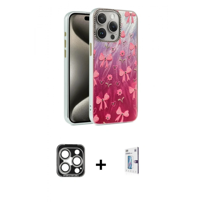 MARSİLYAN™- iPhone 15 Pro Max Kılıf Zirve Modern Prime - Siyah Bilvis 0.18mm Plus Cam Ekran Koruyucu + PVD Metal Kamera Lens - GS