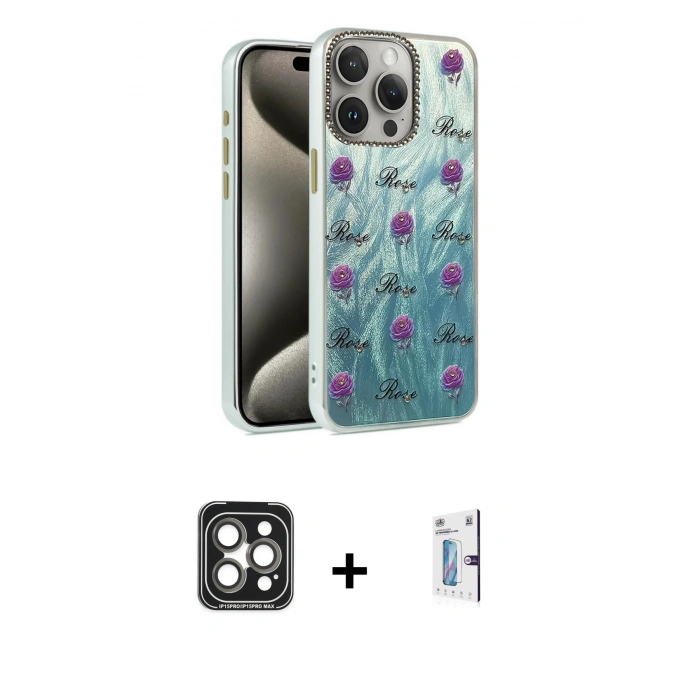 MARSİLYAN™- iPhone 15 Pro Max Kılıf Zirve Modern Prime - Siyah Bilvis 0.18mm Plus Cam Ekran Koruyucu + PVD Metal Kamera Lens - GI