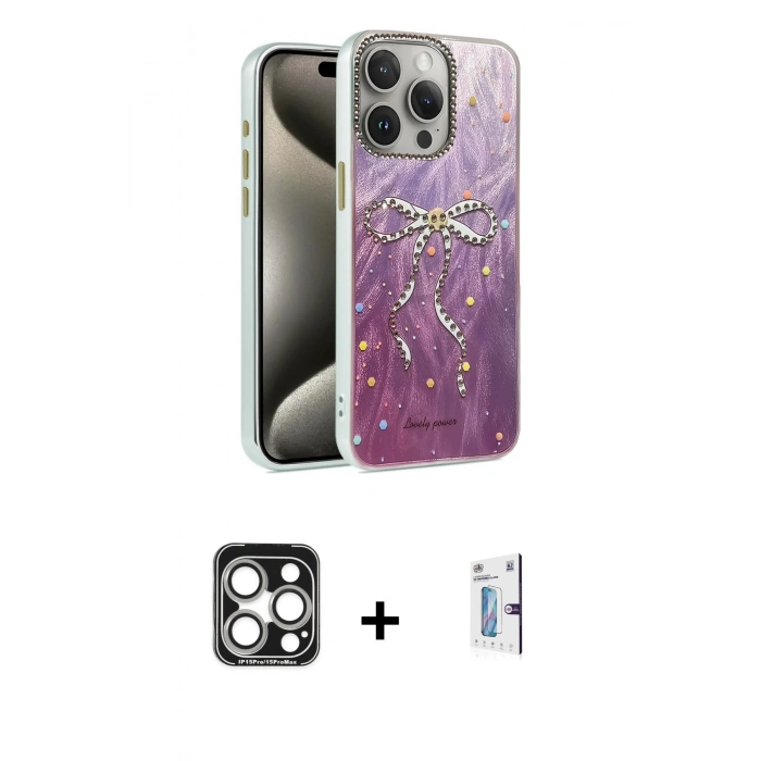MARSİLYAN™- iPhone 15 Pro Max Kılıf Zirve Modern Prime - Siyah Bilvis 0.18mm Plus Cam Ekran Koruyucu + PVD Metal Kamera Lens - GS