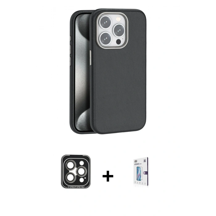 MARSİLYAN™- iPhone 15 Pro Max Kılıf Zirve Modern Prime - Siyah Bilvis 0.18mm Plus Cam Ekran Koruyucu + PVD Metal Kamera Lens - GI