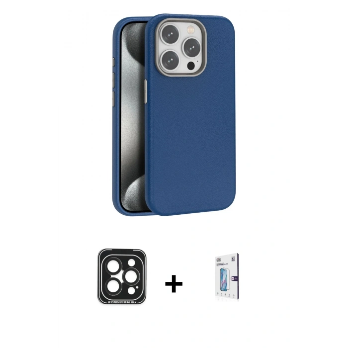 MARSİLYAN™- iPhone 15 Pro Max Kılıf Zirve Modern Prime - Siyah Bilvis 0.18mm Plus Cam Ekran Koruyucu + PVD Metal Kamera Lens - SH