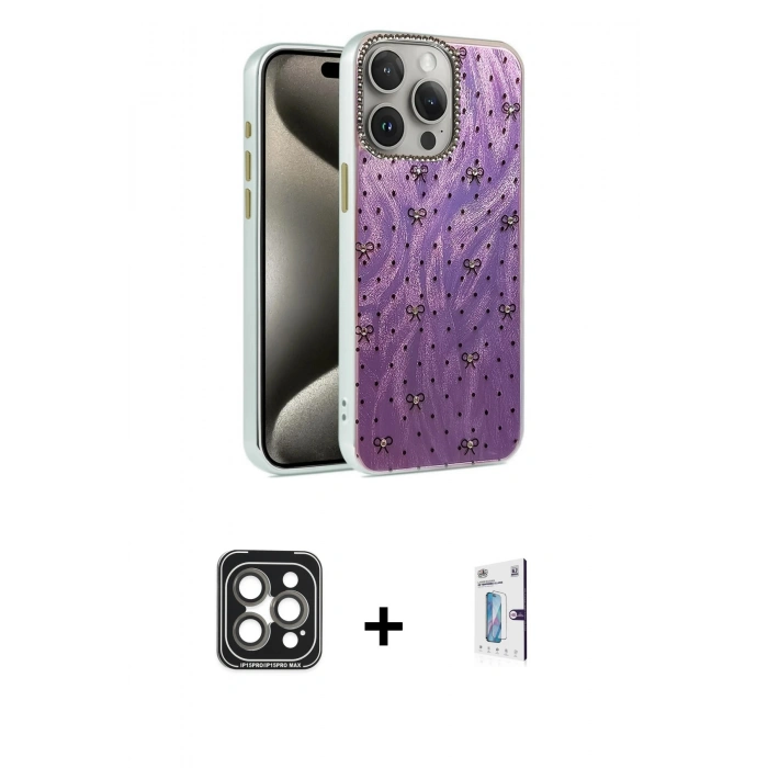 MARSİLYAN™- iPhone 15 Pro Max Kılıf Zirve Modern Prime - Siyah Bilvis 0.18mm Plus Cam Ekran Koruyucu + PVD Metal Kamera Lens - GI