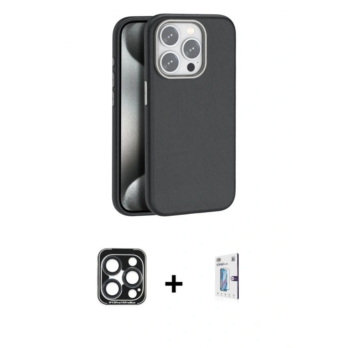 MARSİLYAN™- iPhone 15 Pro Max Kılıf Zirve Modern Prime - Siyah Bilvis 0.18mm Plus Cam Ekran Koruyucu + PVD Metal Kamera Lens - LT