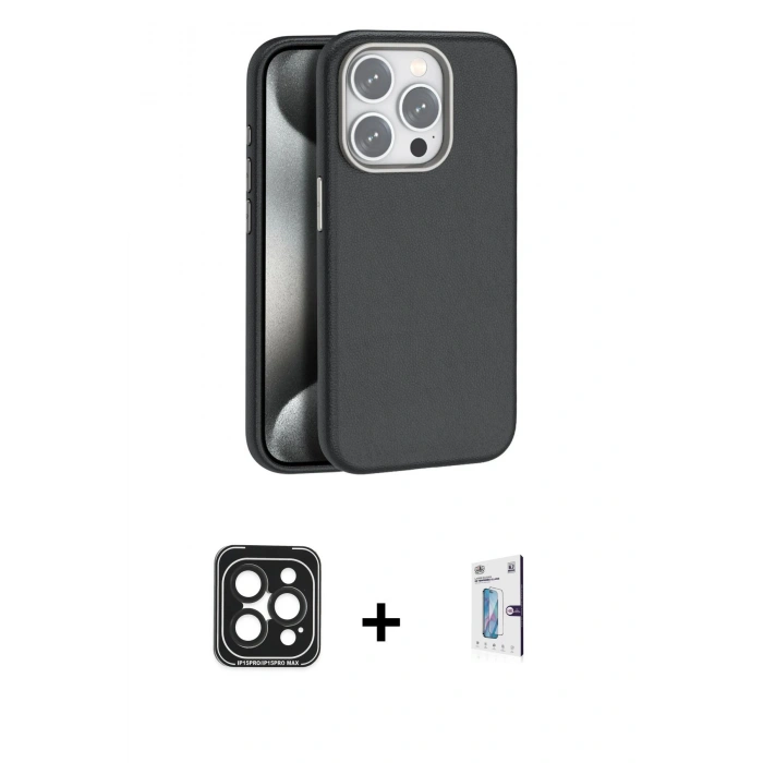 MARSİLYAN™- iPhone 15 Pro Max Kılıf Zirve Modern Prime - Siyah Bilvis 0.18mm Plus Cam Ekran Koruyucu + PVD Metal Kamera Lens - SH