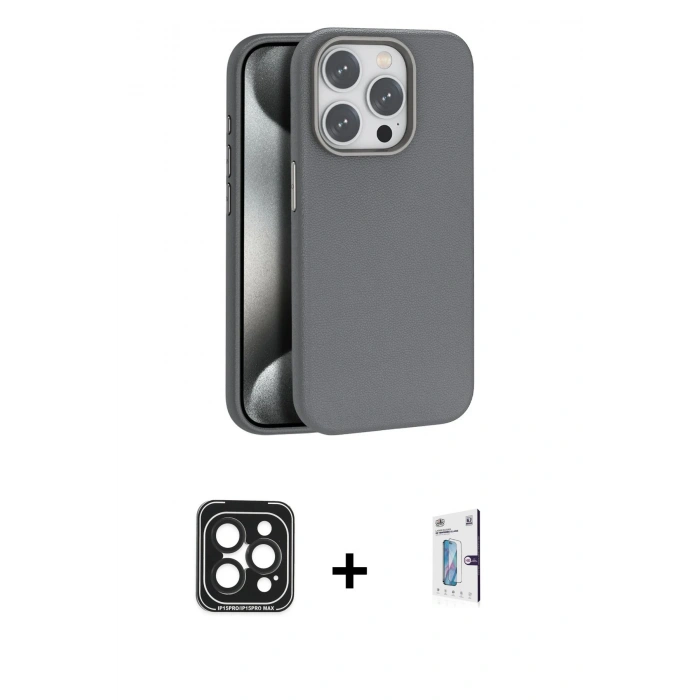 MARSİLYAN™- iPhone 15 Pro Max Kılıf Zirve Modern Prime - Siyah Bilvis 0.18mm Plus Cam Ekran Koruyucu + PVD Metal Kamera Lens - SH