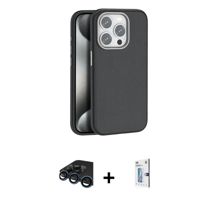 MARSİLYAN™- iPhone 15 Pro Max Kılıf Zirve Modern Prime - Siyah Bilvis 0.18mm Plus Cam Ekran Koruyucu + Raze Metal Kamera Lens - LT