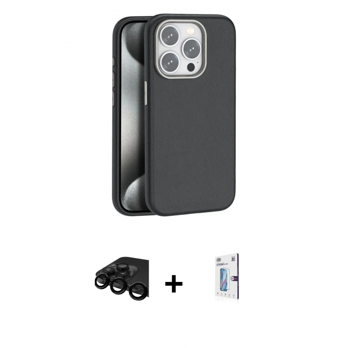 MARSİLYAN™- iPhone 15 Pro Max Kılıf Zirve Modern Prime - Siyah Bilvis 0.18mm Plus Cam Ekran Koruyucu + Raze Metal Kamera Lens - SH