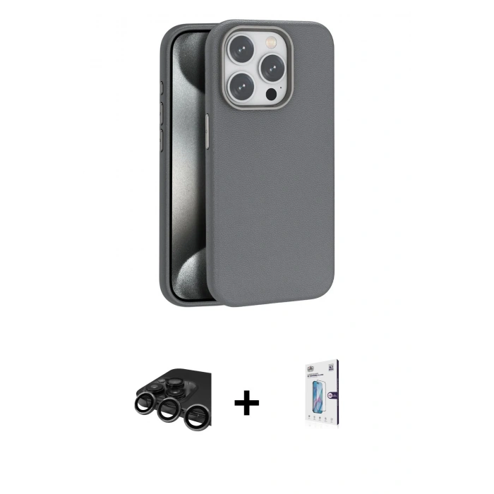 MARSİLYAN™- iPhone 15 Pro Max Kılıf Zirve Modern Prime - Siyah Bilvis 0.18mm Plus Cam Ekran Koruyucu + Titanyum Gri Raze Metal Kamera Lens