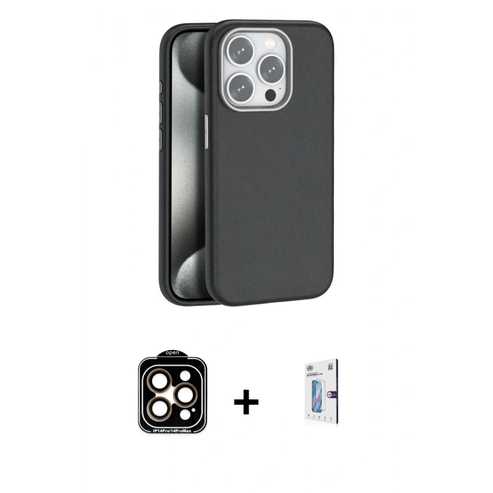 MARSİLYAN™- iPhone 15 Pro Max Kılıf Zirve Modern Prime - Siyah Bilvis 0.18mm Plus Cam Ekran Koruyucu + PVD Metal Kamera Lens - TU