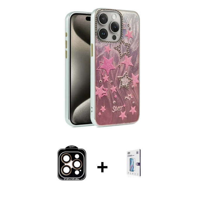 MARSİLYAN™- iPhone 15 Pro Max Kılıf Zirve Modern Prime - Siyah Bilvis 0.18mm Plus Cam Ekran Koruyucu + Turuncu PVD Metal Kamera Lens