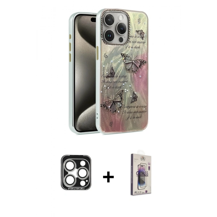 MARSİLYAN™- iPhone 15 Pro Max Kılıf Zirve Modern Prime - Siyah Bilvis 3D Cam Ekran Koruyucu + PVD Metal Kamera Lens - GS