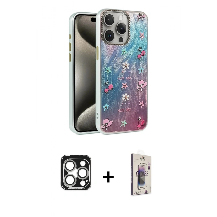 MARSİLYAN™- iPhone 15 Pro Max Kılıf Zirve Modern Prime - Siyah Bilvis 3D Cam Ekran Koruyucu + PVD Metal Kamera Lens - GS