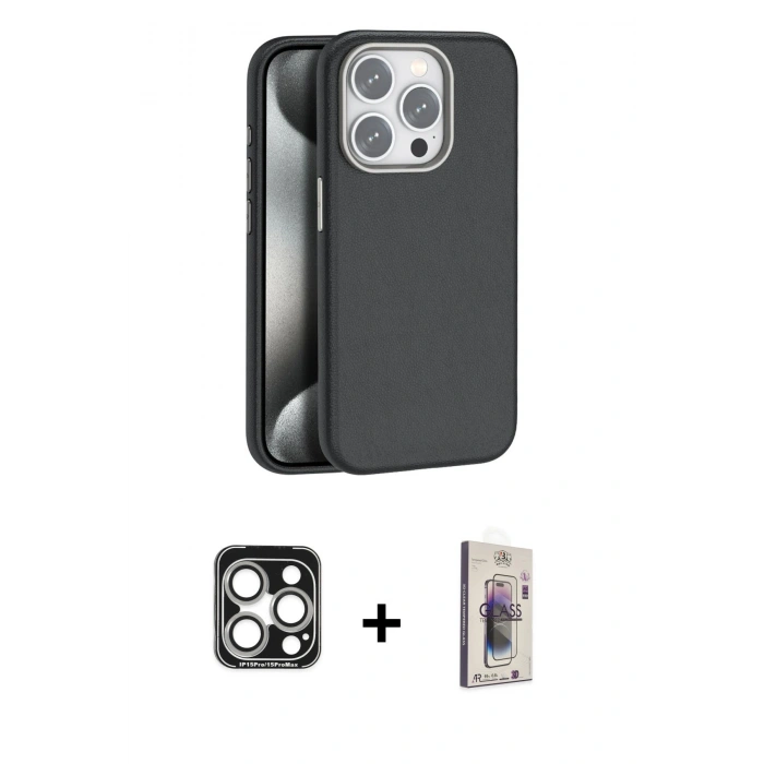 MARSİLYAN™- iPhone 15 Pro Max Kılıf Zirve Modern Prime - Siyah Bilvis 3D Cam Ekran Koruyucu + PVD Metal Kamera Lens - GS