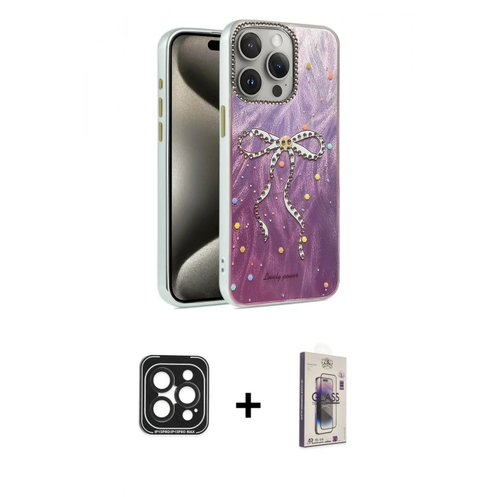 MARSİLYAN™- iPhone 15 Pro Max Kılıf Zirve Modern Prime - Siyah Bilvis 3D Cam Ekran Koruyucu + PVD Metal Kamera Lens - SH