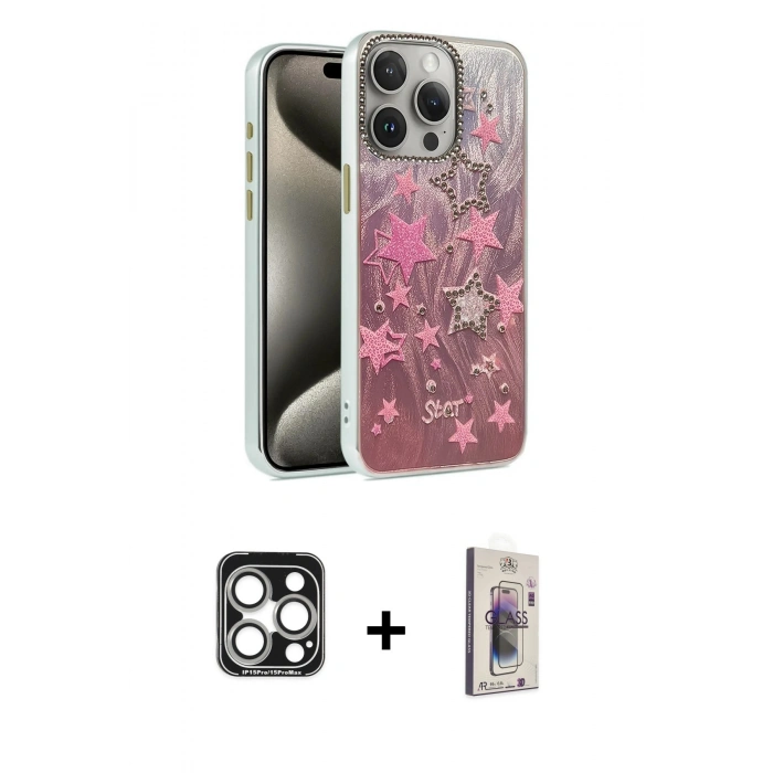 MARSİLYAN™- iPhone 15 Pro Max Kılıf Zirve Modern Prime - Siyah Bilvis 3D Cam Ekran Koruyucu + PVD Metal Kamera Lens - GS