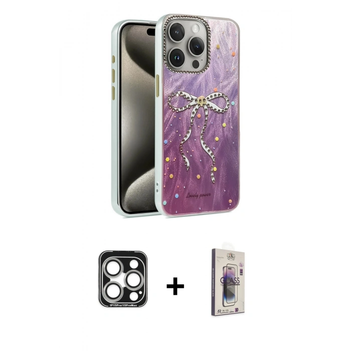 MARSİLYAN™- iPhone 15 Pro Max Kılıf Zirve Modern Prime - Siyah Bilvis 3D Cam Ekran Koruyucu + PVD Metal Kamera Lens - GS