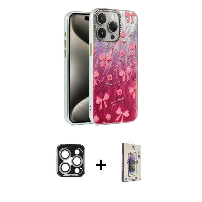 MARSİLYAN™- iPhone 15 Pro Max Kılıf Zirve Modern Prime - Siyah Bilvis 3D Cam Ekran Koruyucu + PVD Metal Kamera Lens - GS