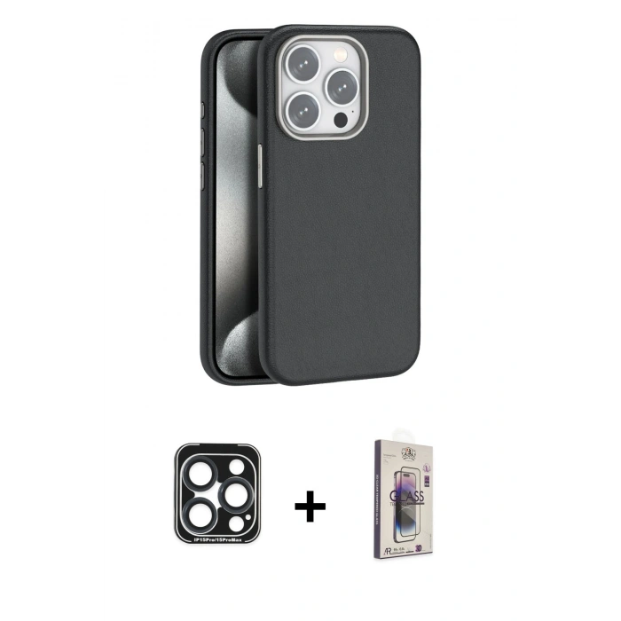 MARSİLYAN™- iPhone 15 Pro Max Kılıf Zirve Modern Prime - Siyah Bilvis 3D Cam Ekran Koruyucu + PVD Metal Kamera Lens - LT