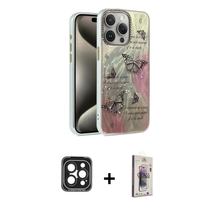 MARSİLYAN™- iPhone 15 Pro Max Kılıf Zirve Modern Prime - Siyah Bilvis 3D Cam Ekran Koruyucu + PVD Metal Kamera Lens - SH