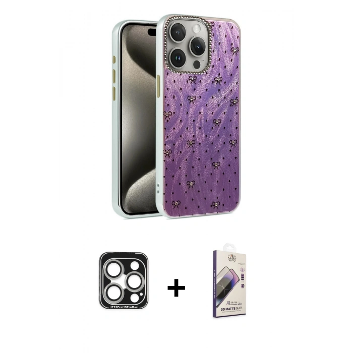 MARSİLYAN™- iPhone 15 Pro Max Kılıf Zirve Modern Prime - Siyah Bilvis 3D Mat Cam Ekran Koruyucu + PVD Metal Kamera Lens - GS