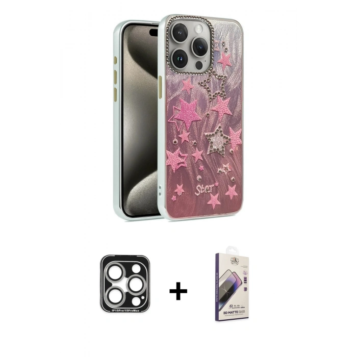 MARSİLYAN™- iPhone 15 Pro Max Kılıf Zirve Modern Prime - Siyah Bilvis 3D Mat Cam Ekran Koruyucu + PVD Metal Kamera Lens - GS