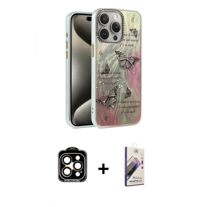 MARSİLYAN™- iPhone 15 Pro Max Kılıf Zirve Modern Prime - Siyah Bilvis 3D Mat Cam Ekran Koruyucu + PVD Metal Kamera Lens - TU