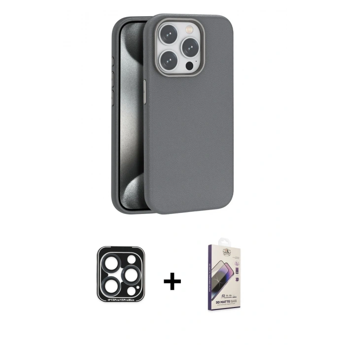 MARSİLYAN™- iPhone 15 Pro Max Kılıf Zirve Modern Prime - Siyah Bilvis 3D Mat Cam Ekran Koruyucu + PVD Metal Kamera Lens - LT