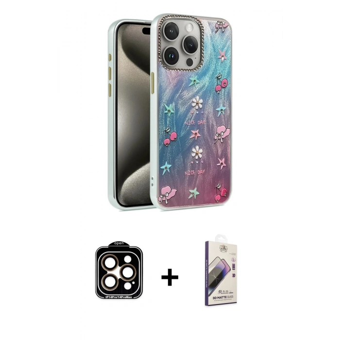 MARSİLYAN™- iPhone 15 Pro Max Kılıf Zirve Modern Prime - Siyah Bilvis 3D Mat Cam Ekran Koruyucu + PVD Metal Kamera Lens - TU