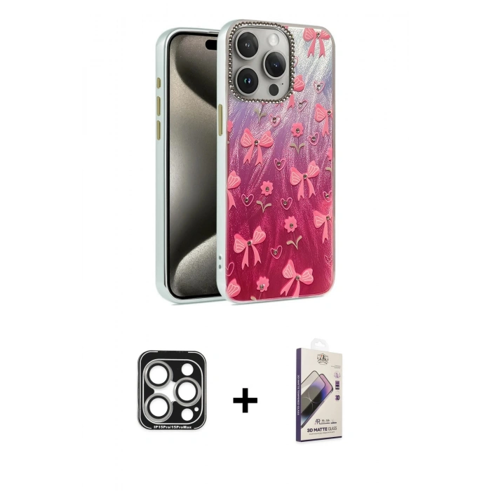 MARSİLYAN™- iPhone 15 Pro Max Kılıf Zirve Modern Prime - Siyah Bilvis 3D Mat Cam Ekran Koruyucu + PVD Metal Kamera Lens - GS