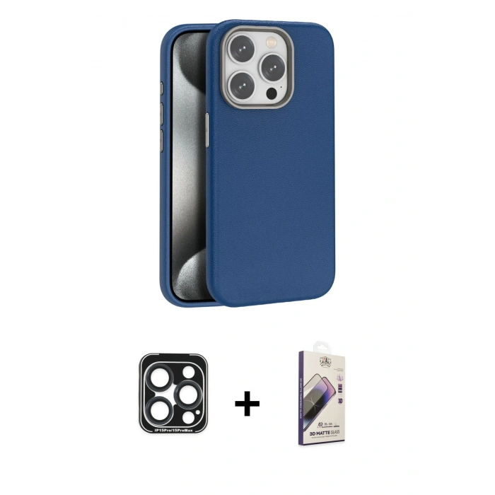 MARSİLYAN™- iPhone 15 Pro Max Kılıf Zirve Modern Prime - Siyah Bilvis 3D Mat Cam Ekran Koruyucu + PVD Metal Kamera Lens - LT