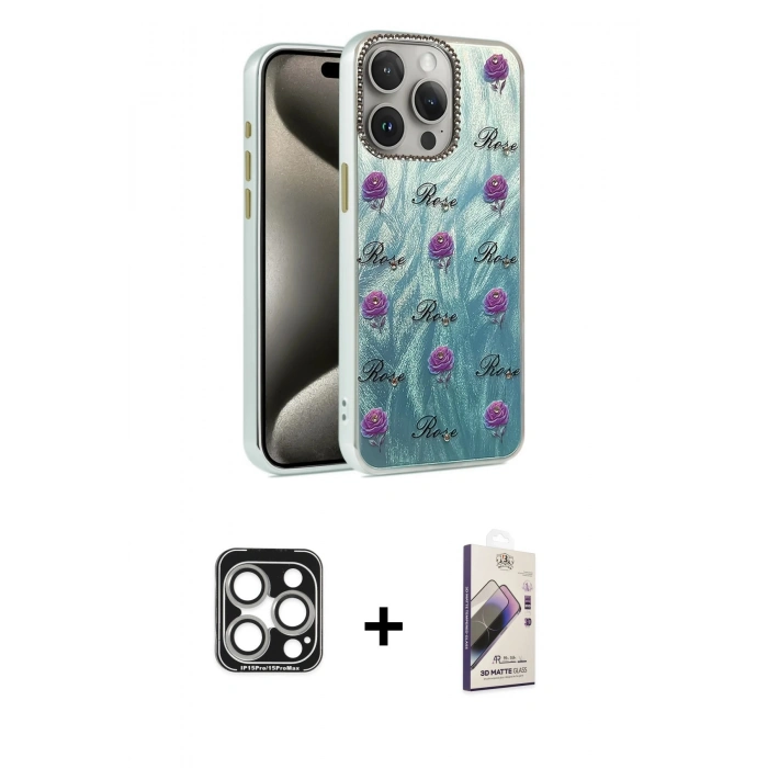 MARSİLYAN™- iPhone 15 Pro Max Kılıf Zirve Modern Prime - Siyah Bilvis 3D Mat Cam Ekran Koruyucu + PVD Metal Kamera Lens - GS