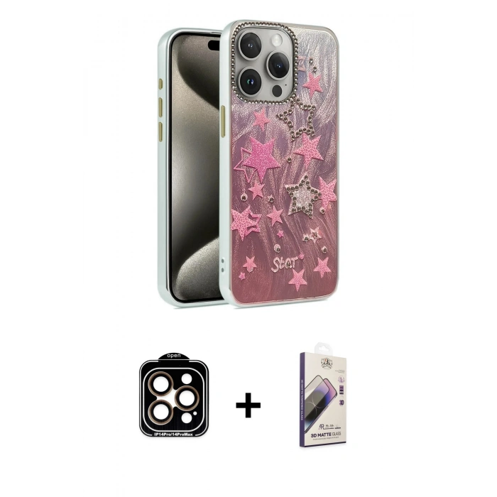 MARSİLYAN™- iPhone 15 Pro Max Kılıf Zirve Modern Prime - Siyah Bilvis 3D Mat Cam Ekran Koruyucu + PVD Metal Kamera Lens - TU