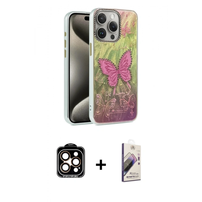 MARSİLYAN™- iPhone 15 Pro Max Kılıf Zirve Modern Prime - Siyah Bilvis 3D Mat Cam Ekran Koruyucu + PVD Metal Kamera Lens - TU