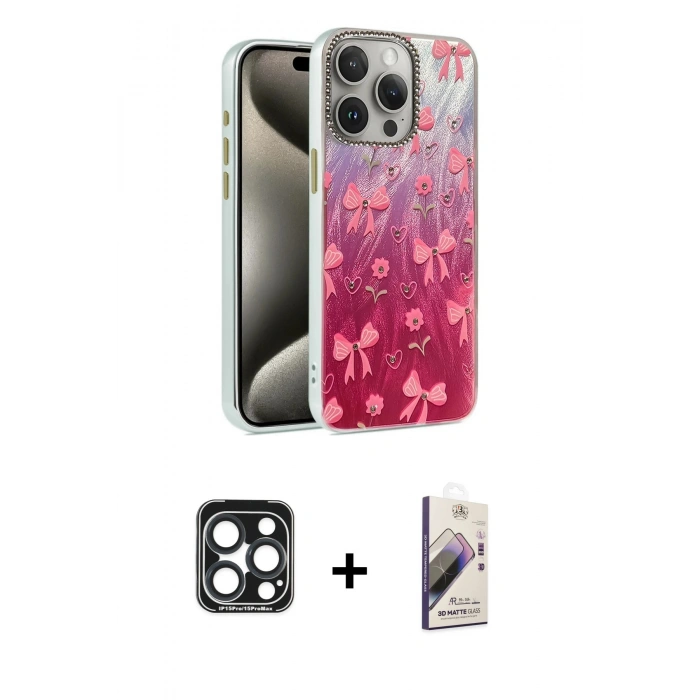 MARSİLYAN™- iPhone 15 Pro Max Kılıf Zirve Modern Prime - Siyah Bilvis 3D Mat Cam Ekran Koruyucu + PVD Metal Kamera Lens - LT