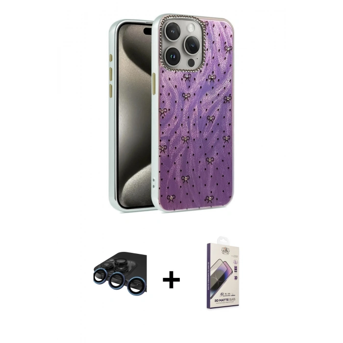 MARSİLYAN™- iPhone 15 Pro Max Kılıf Zirve Modern Prime - Siyah Bilvis 3D Mat Cam Ekran Koruyucu + Raze Metal Kamera Lens - LT