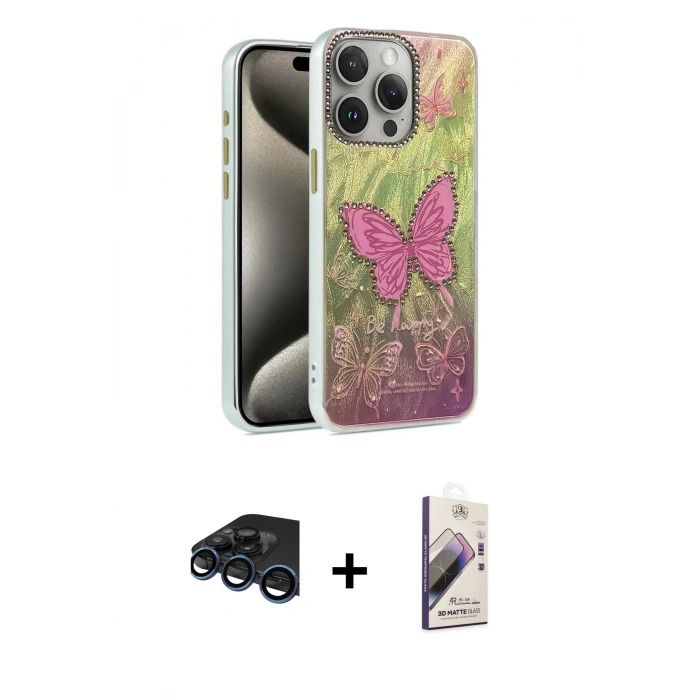 MARSİLYAN™- iPhone 15 Pro Max Kılıf Zirve Modern Prime - Siyah Bilvis 3D Mat Cam Ekran Koruyucu + Raze Metal Kamera Lens - LT