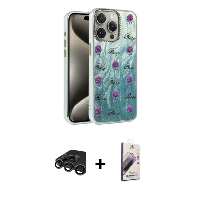 MARSİLYAN™- iPhone 15 Pro Max Kılıf Zirve Modern Prime - Siyah Bilvis 3D Mat Cam Ekran Koruyucu + Raze Metal Kamera Lens - TMGI