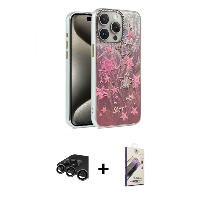 MARSİLYAN™- iPhone 15 Pro Max Kılıf Zirve Modern Prime - Siyah Bilvis 3D Mat Cam Ekran Koruyucu + Raze Metal Kamera Lens - TMGI