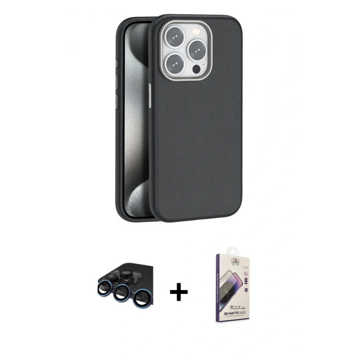 MARSİLYAN™- iPhone 15 Pro Max Kılıf Zirve Modern Prime - Siyah Bilvis 3D Mat Cam Ekran Koruyucu + Raze Metal Kamera Lens - LT