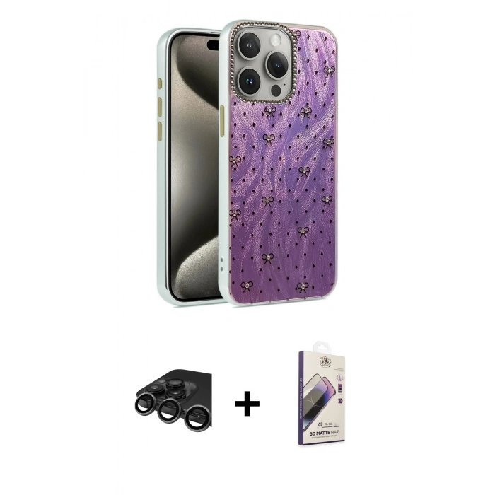 MARSİLYAN™- iPhone 15 Pro Max Kılıf Zirve Modern Prime - Siyah Bilvis 3D Mat Cam Ekran Koruyucu + Raze Metal Kamera Lens - TMGI