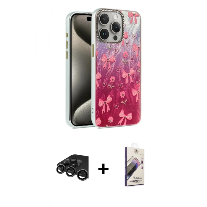 MARSİLYAN™- iPhone 15 Pro Max Kılıf Zirve Modern Prime - Siyah Bilvis 3D Mat Cam Ekran Koruyucu + Raze Metal Kamera Lens - TMGI