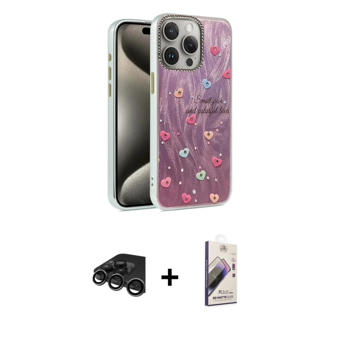 MARSİLYAN™- iPhone 15 Pro Max Kılıf Zirve Modern Prime - Siyah Bilvis 3D Mat Cam Ekran Koruyucu + Raze Metal Kamera Lens - TMGI