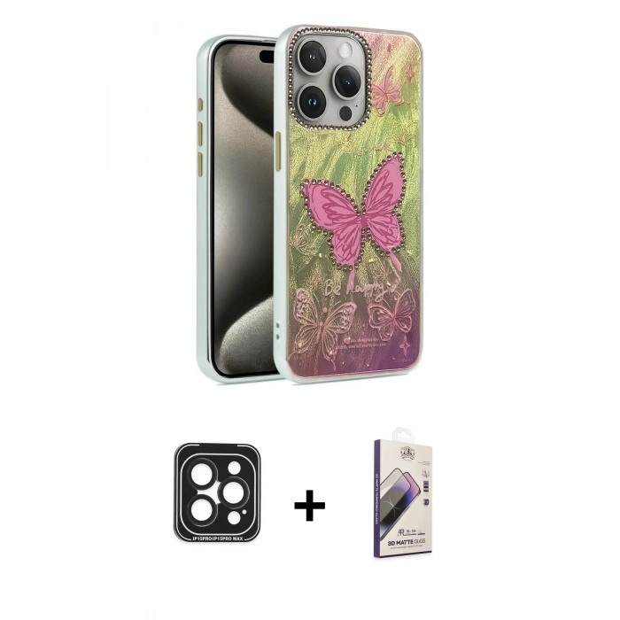 MARSİLYAN™- iPhone 15 Pro Max Kılıf Zirve Modern Prime - Siyah Bilvis 3D Mat Cam Ekran Koruyucu + Siyah PVD Metal Kamera Lens