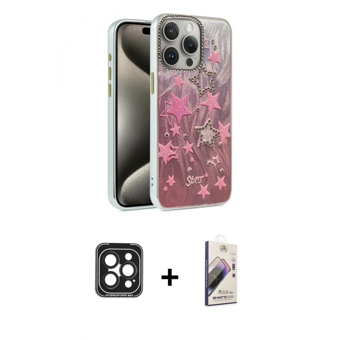 MARSİLYAN™- iPhone 15 Pro Max Kılıf Zirve Modern Prime - Siyah Bilvis 3D Mat Cam Ekran Koruyucu + Siyah PVD Metal Kamera Lens