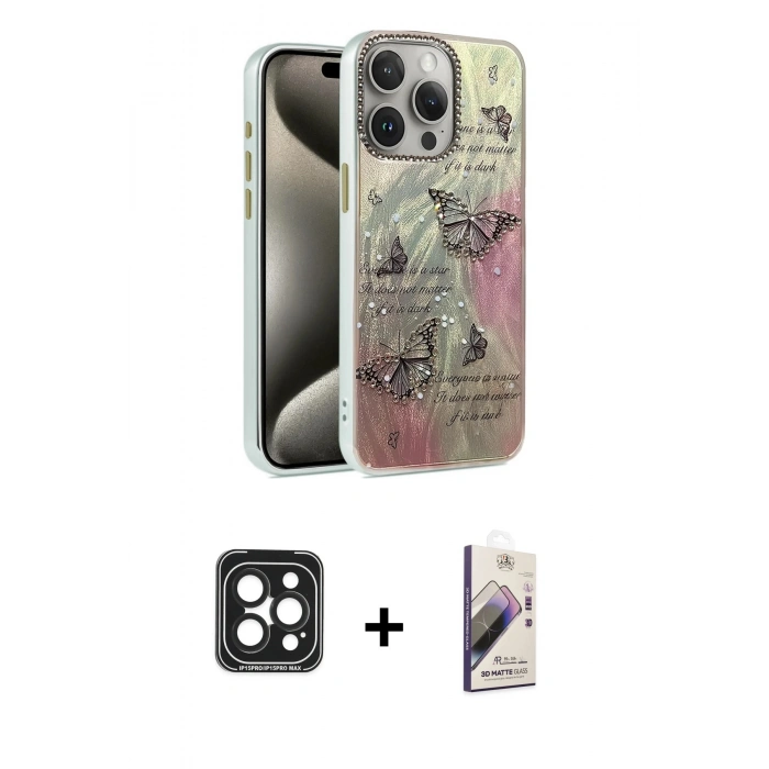 MARSİLYAN™- iPhone 15 Pro Max Kılıf Zirve Modern Prime - Siyah Bilvis 3D Mat Cam Ekran Koruyucu + Siyah PVD Metal Kamera Lens